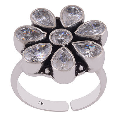 Alluring Oxidised Handcrafted Work Around White Cubic Zirconia Pear & Round Shape 925 Sterling Solid Silver Toe Rings - main product photo (R9400159-4)