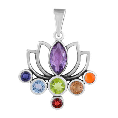 Beautifully Flowar Chakra Gemstone Around Amethyst,Iolite,Blue Topaz,Peridot,Citrine,Carnelian,Garnet Multi Shape 925 Sterling Solid Silver Pendant - R9700028-3
