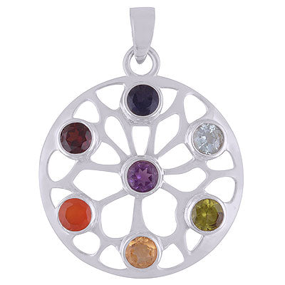 Beautiful Chakra Gemstones Around Amethyst,Iolite,Blue Topaz,Peridot,Citrine,Carnelian,Garnet Round Shape 925 Sterling Solid Silver Pendant - R9700036-1