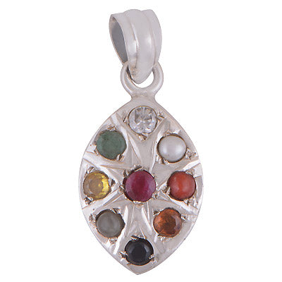 Beautiful Navratna Gemstones Around Ruby, Pearl, Corel, Emerald, Cubic Zirconia, Sapphire, Cats Eye, Hessonite, Yellow Sapphire Round Shape 925 Sterling Solid Silver Pendant - R9800001-2