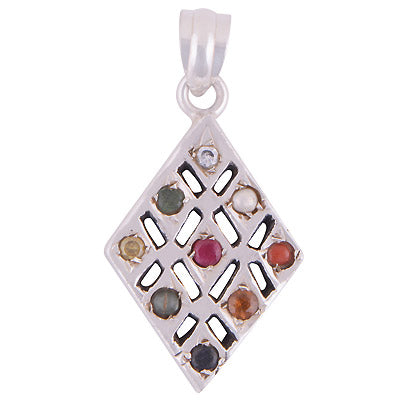 Beautiful Navratna Gemstones Around Ruby, Pearl, Corel, Emerald, Cubic Zirconia, Sapphire, Cats Eye, Hessonite, Yellow Sapphire Round Shape 925 Sterling Solid Silver Pendant - R9800018-1
