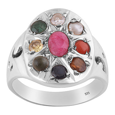 Stunning Gemstones Studded Around Ruby, Pearl, Corel, Emerald, Cubic Zirconia, Sapphire, Cats Eye, Hessonite, Yellow Sapphire Oval,Round Shape 925 Sterling Solid Silver Ring - R9900010-2
