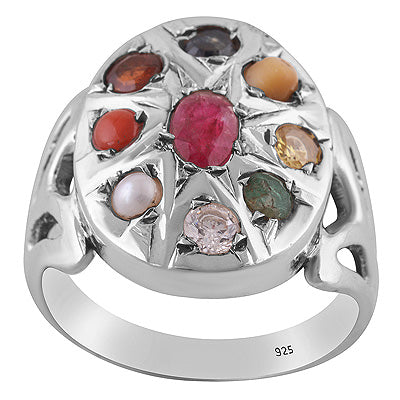 Stunning Gemstones Studded Around Ruby, Pearl, Corel, Emerald, Cubic Zirconia, Sapphire, Cats Eye, Hessonite, Yellow Sapphire Oval,Round Shape 925 Sterling Solid Silver Ring - R9900010-4