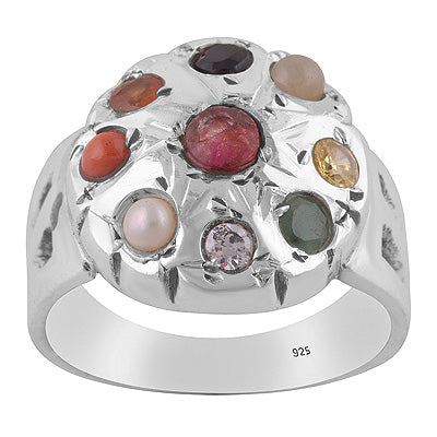 Stunning Gemstones Studded Around Ruby, Pearl, Corel, Emerald, Cubic Zirconia, Sapphire, Cats Eye, Hessonite, Yellow Sapphire Round Shape 925 Sterling Solid Silver Ring - R9900010-5