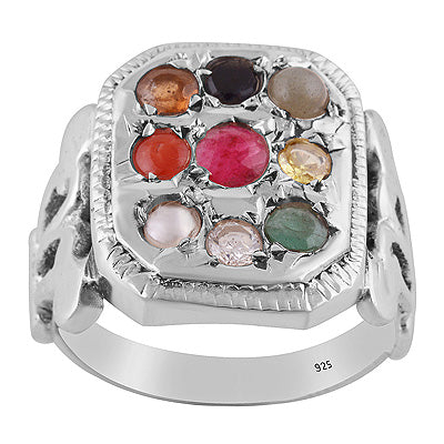 Alluring Navratna Gemstone Ruby, Pearl, Corel, Emerald, Cubic Zirconia, Sapphire, Cats Eye, Hessonite, Yellow Sapphire Round Shape 925 Sterling Solid Silver Ring - R9900012-2