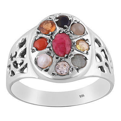Alluring Navratna Gemstone Ruby, Pearl, Corel, Emerald, Cubic Zirconia, Sapphire, Cats Eye, Hessonite, Yellow Sapphire Oval,Round Shape 925 Sterling Solid Silver Ring - R9900016-1