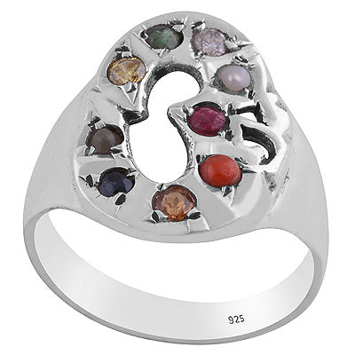 Beautiful OM Navratna Studded Ruby, Pearl, Corel, Emerald, Cubic Zirconia, Sapphire, Cats Eye, Hessonite, Yellow Sapphire Round Shape 925 Sterling Solid Silver Ring - main product photo (R9900052-1)