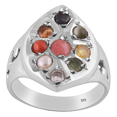 Stunning Navratna Gemstone Studded Ruby, Pearl, Corel, Emerald, Cubic Zirconia, Sapphire, Cats Eye, Hessonite, Yellow Sapphire Round Shape 925 Sterling Solid Silver Ring - R9900057-1