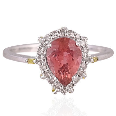 Natural Tourmaline Beautiful Diamonds Loaded Around Pear Shape 925 Sterling Solid Silver Ring - RE310056-1