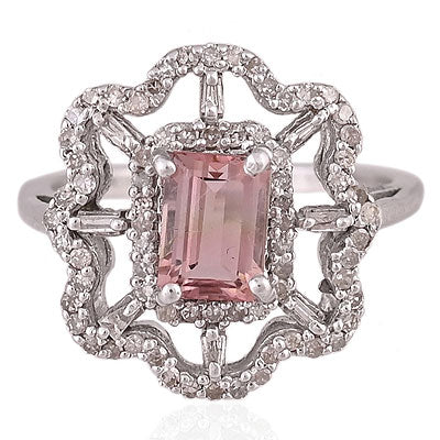 Natural Pink Tourmaline Gorgeous Baguette Shaped Diamonds Around Octagon Shape 925 Sterling Solid Silver Ring - RE310061-1