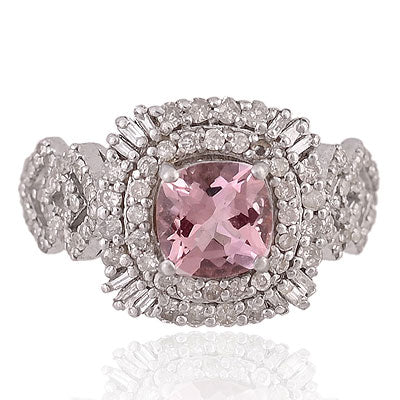 Natural Morganite Beautiful Diamond Studded Around Cushion Shape 925 Sterling Solid Silver Ring - RE310063-1