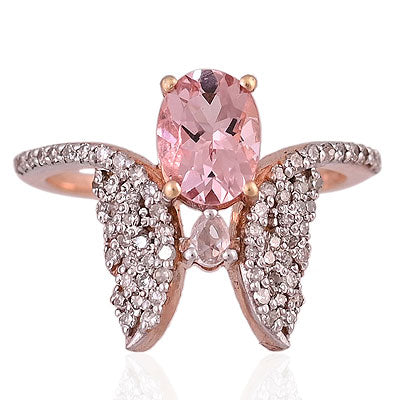 Natural Morganite Alluring Angel Wings Diamond Studded Oval Shape 925 Sterling Solid Silver Ring - RE310074-1