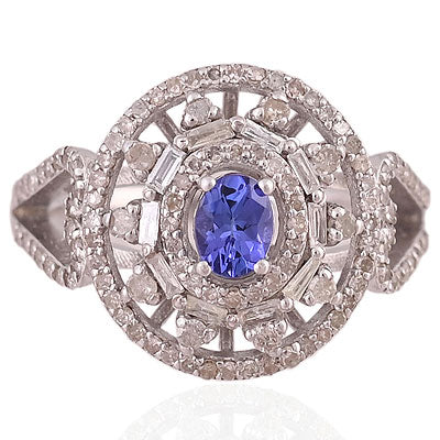 Natural Tanzanite Gorgeous Diamond Studded Around Oval Shape 925 Sterling Solid Silver Ring - RE310086-1