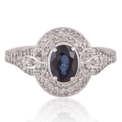 Natural Blue Sapphire Gorgeous Diamond Detailing Around Oval Shape 925 Sterling Solid Silver Ring - RE310091-1