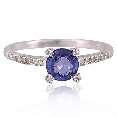 Natural Blue Sapphire Stunning Minimal Diamond Seated Around Round Shape 925 Sterling Solid Silver Ring - RE310092-1