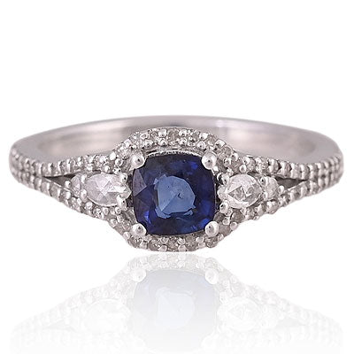 Natural Blue Sapphire Beautiful Diamond Studded Pattern Around Cushion Shape 925 Sterling Solid Silver Ring - RE310094-1