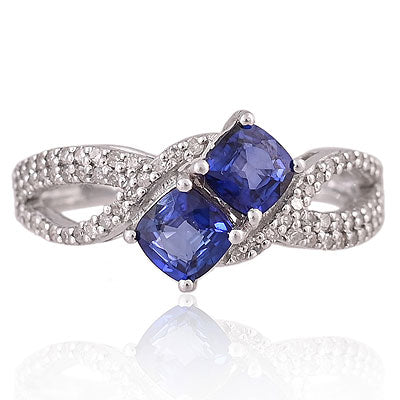 Natural Blue Sapphire Gorgeous Diamond Studded Shank Cushion Shape 925 Sterling Solid Silver Ring - RE310095-1
