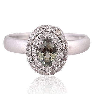 Natural Green Sapphire Beautiful Diamond Studded Around Oval Shape 925 Sterling Solid Silver Ring - RE310099-1