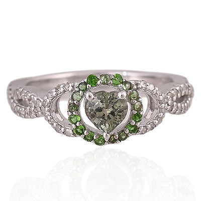 Natural Green Sapphire Magnificent Multicoloured Diamonds & Gemstone Around Heart Shape 925 Sterling Solid Silver Ring - RE310101-1