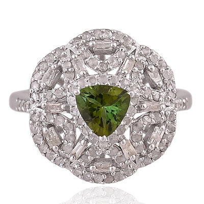 Natural Green Tourmaline Alluring Diamond Studded Pattern Around Trillion Shape 925 Sterling Solid Silver Ring - RE310105-1