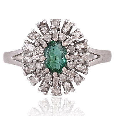 Natural Emerald Stunning Baguette Diamond Pattern Around Oval Shape 925 Sterling Solid Silver Ring - RE310109-1