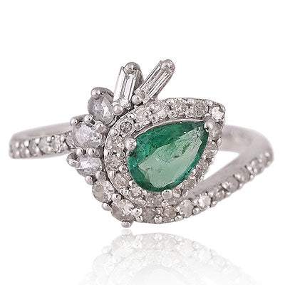 Natural Emerald Alluring Baguette Diamond Pattern Around Pear Shape 925 Sterling Solid Silver Ring - RE310110-1