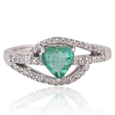 Natural Emerald Magnificent Diamond Studded Shank Around Heart Shape 925 Sterling Solid Silver Ring - RE310113-1
