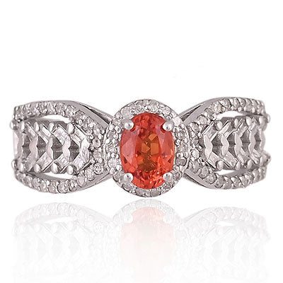Natural Orange Sapphire Magnificent Diamond Studded Shank Around Oval Shape 925 Sterling Solid Silver Ring - RE310122-1
