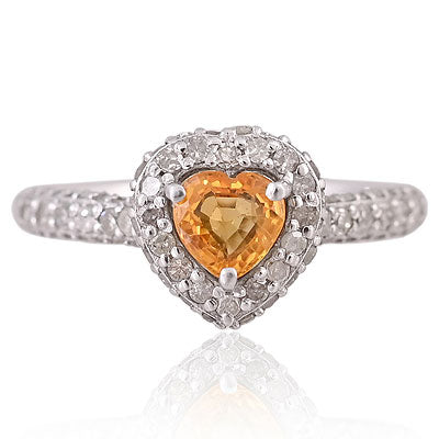 Natural Yellow Sapphire Beautiful Studded Diamond Shank Heart Shape 925 Sterling Solid Silver Ring - RE310126-1