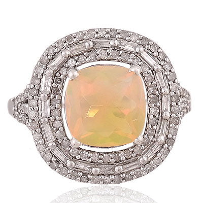 Natural Ethiopian Opal Magnificent Baguette Diamond Pattern Around Cushion Shape 925 Sterling Solid Silver Ring - RE310130-1
