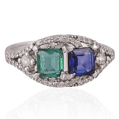 Natural Blue Sapphire,Emerald Alluring Diamond Setting Around Octagon Shape 925 Sterling Solid Silver Ring - RE310134-1