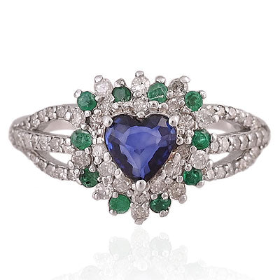 Natural Blue Sapphire,Emerald Beautiful Multicoloured Diamond Gemstone Around Heart Shape 925 Sterling Solid Silver Ring - RE310135-1
