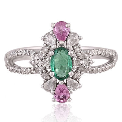 Natural Emerald,Sapphire Alluring Multicoloured Gemstones Around Oval,Pear Shape 925 Sterling Solid Silver Ring - RE310137-1