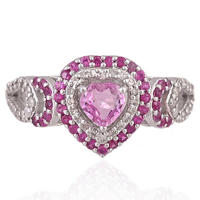 Natural Tourmaline,Ruby Magnificent Multicoloured Diamond Pattern Around Heart Shape 925 Sterling Solid Silver Ring - RE310140-1