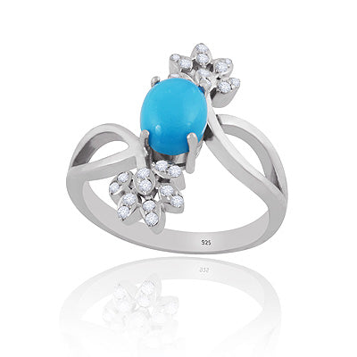 Alluring Gemstone W Diamond studded Around Turquoise,Diamond Oval Shape 925 Sterling Solid Silver Rings - RE310147-1