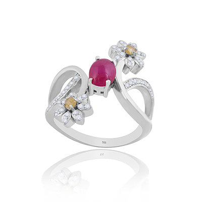 Gorgeous Precious Gemstone W Flower Diamond Studded Ruby,Diamond Oval Shape 925 Sterling Solid Silver Rings - RE310149-1