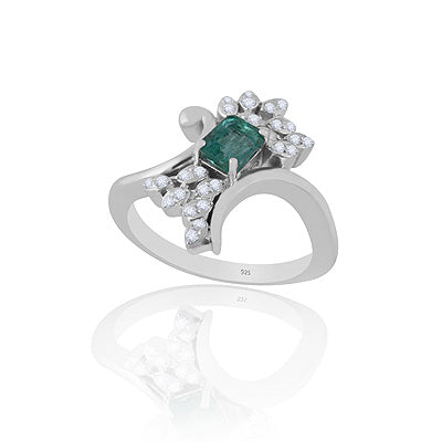 Beautiful Precious Gemstone W Diamond Studded Around Emerald,Diamond Octagon Shape 925 Sterling Solid Silver Rings - RE310150-1