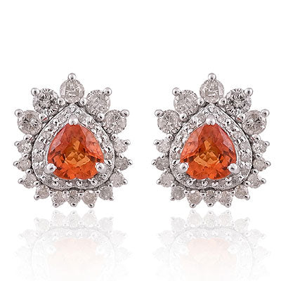 Natural Orange Sapphire Beautiful Diamond Crown Around Heart Shape 925 Sterling Solid Silver Studs Earrings - RE320018-1