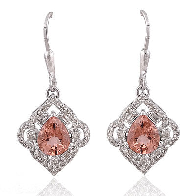 Natural Pink Tourmaline Alluring Diamond Studded Around Pear Shape 925 Sterling Solid Silver Dangle Earrings - RE320021-1