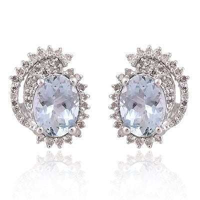 Natural Aquamarine Marvellous Design w/ Studded Diamond Around Oval Shape 925 Sterling Solid Silver Studs Earrings - RE320022-1