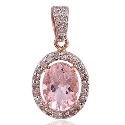 Natural Morganite Mesmerising Diamond Studded Around Oval Shape 925 Sterling Solid Silver Pendant - RE330029-1