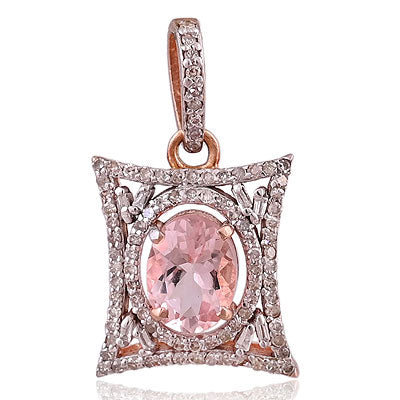 Natural Morganite Marvellous Diamond Studded Around Oval Shape 925 Sterling Solid Silver Pendant - RE330030-1