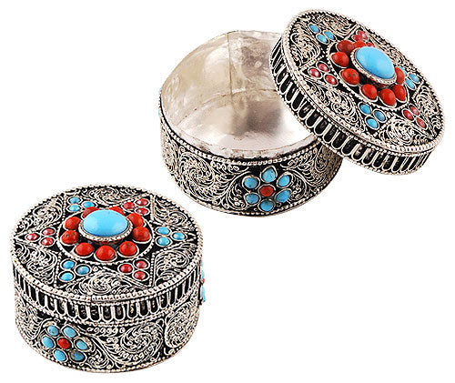 62.1gram Coral, Turquoise White Metal Box on Gemstone Work - RW50660000-10