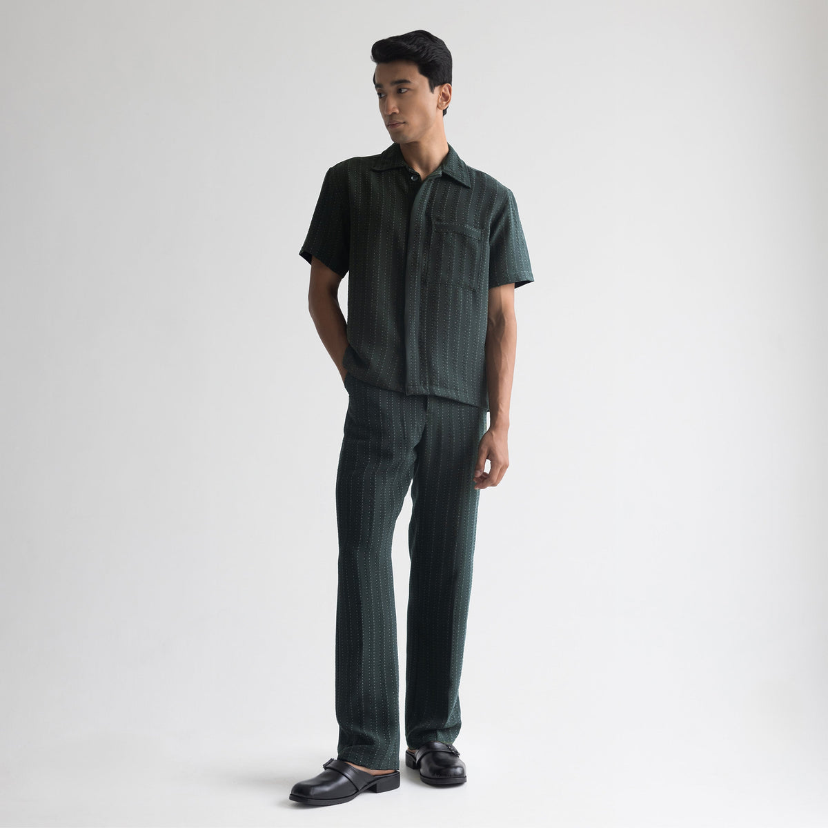 PINSTRIPE CUBAN SHIRT - FOREST GREEN by Warping Theories