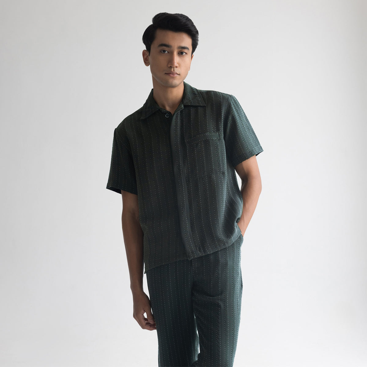 PINSTRIPE CUBAN SHIRT - FOREST GREEN by Warping Theories
