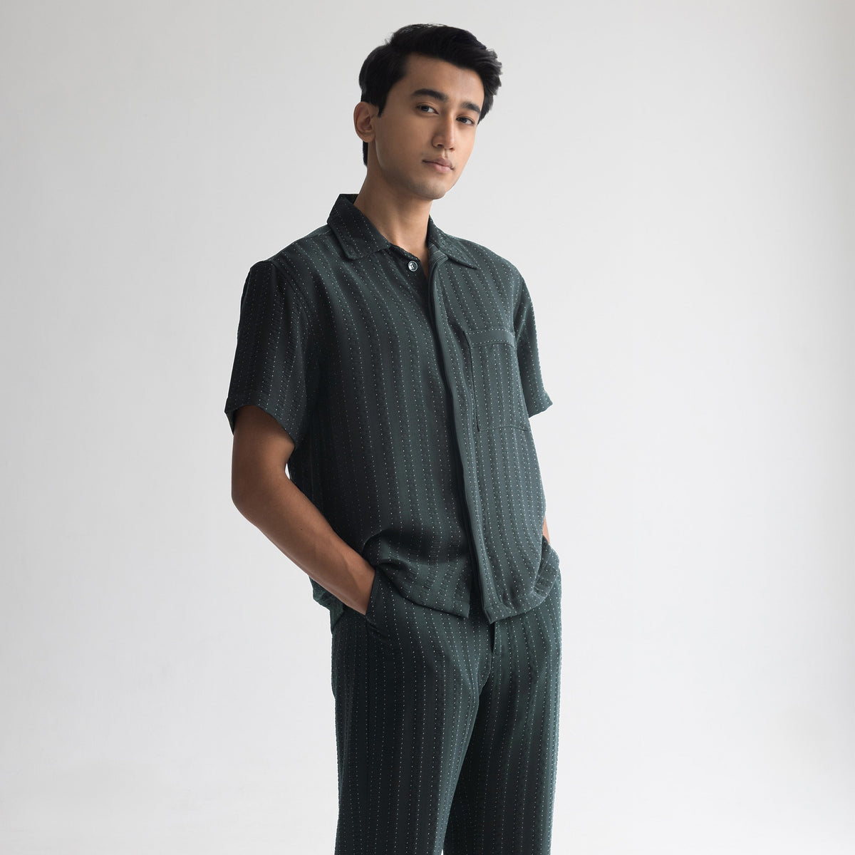 PINSTRIPE CUBAN SHIRT - FOREST GREEN by Warping Theories