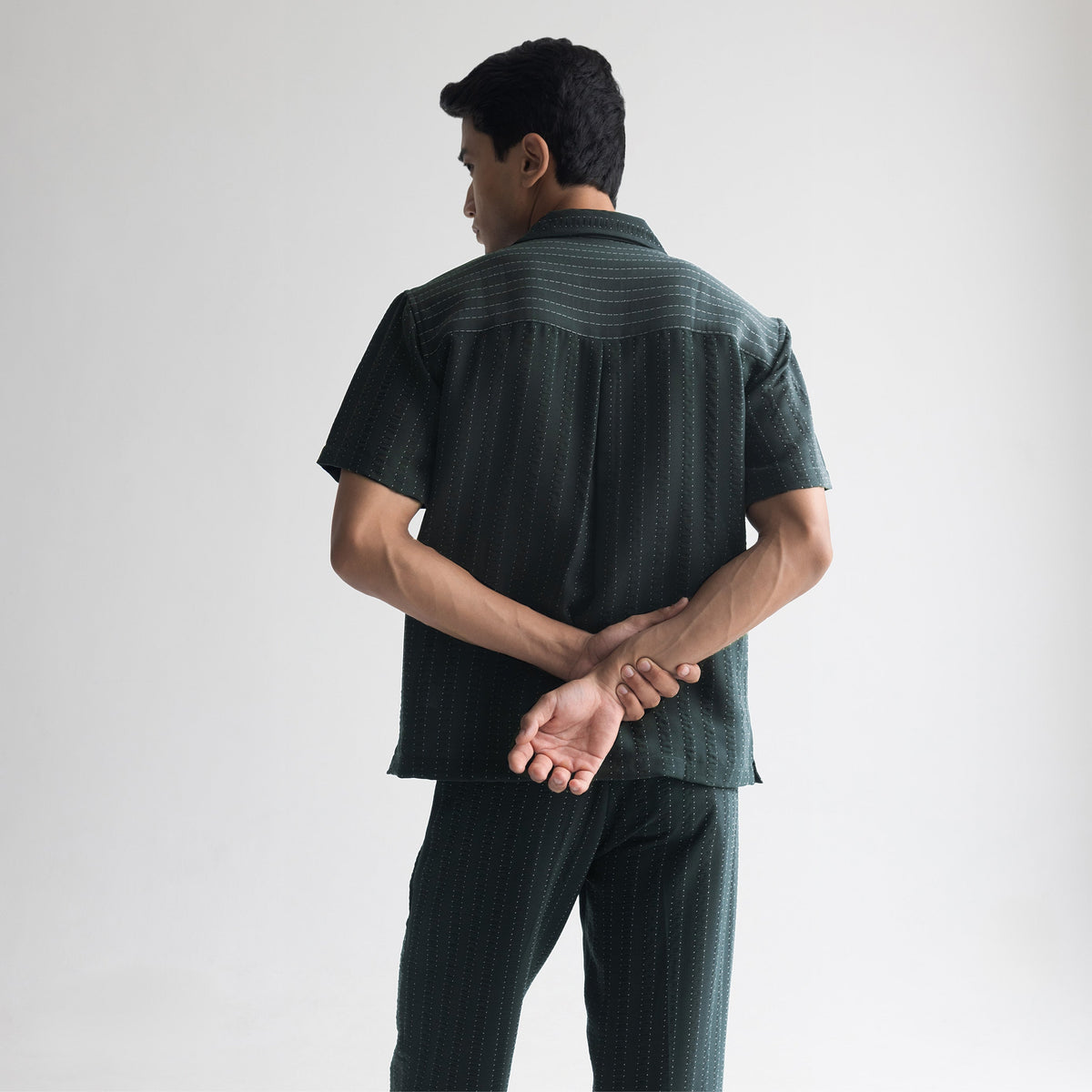 PINSTRIPE CUBAN SHIRT - FOREST GREEN by Warping Theories