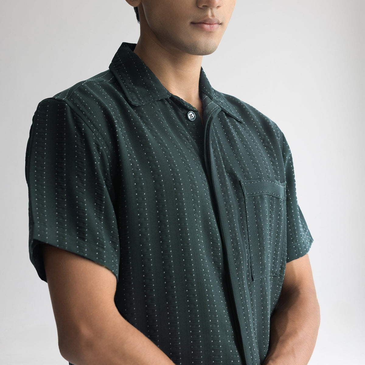 PINSTRIPE CUBAN SHIRT - FOREST GREEN by Warping Theories