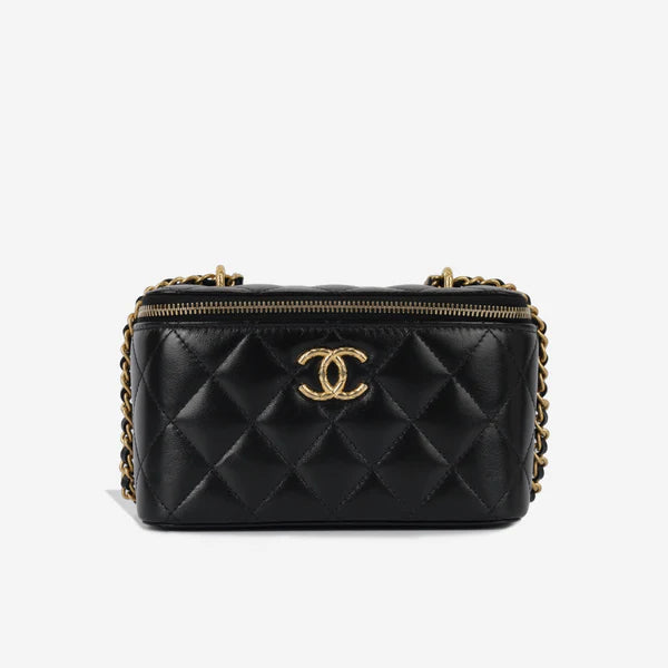 Chanel Small Vanity Case with Chain – Black Lambskin Quilted Leather - Zeuskicks