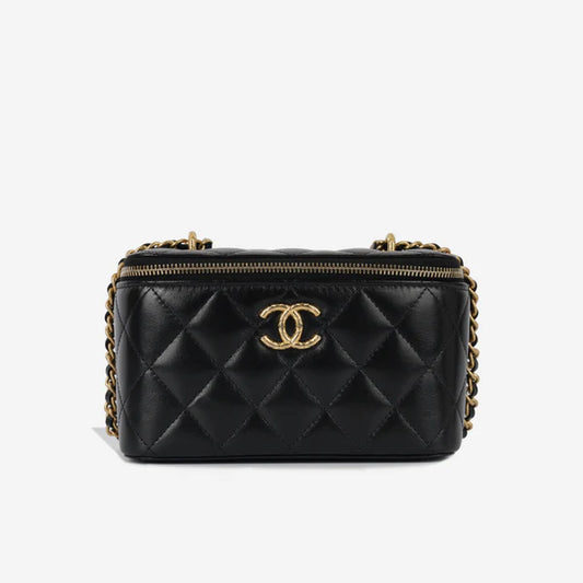Chanel Small Vanity Case with Chain – Black Lambskin Quilted Leather - Zeuskicks